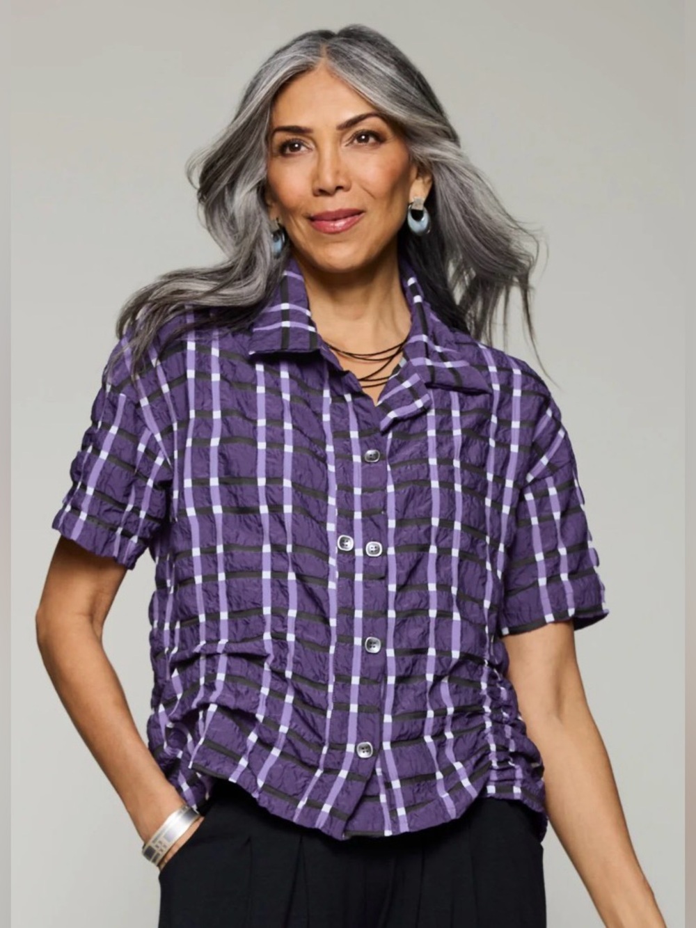 Chalet Et Ceci Ivey Purple Plaid Button-Front Asymmetrical Short Sleeve Top